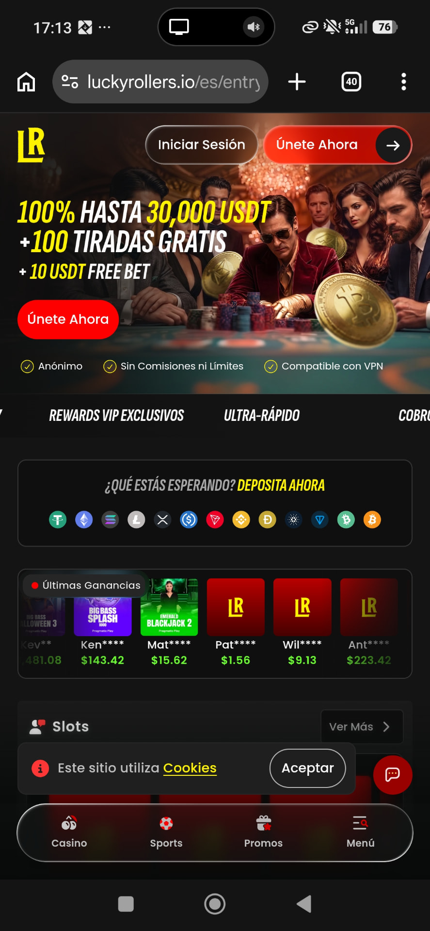 LuckyRollers homepage on mobile showing the 100% up to 30,000 USDT plus 100 free spins welcome bonus