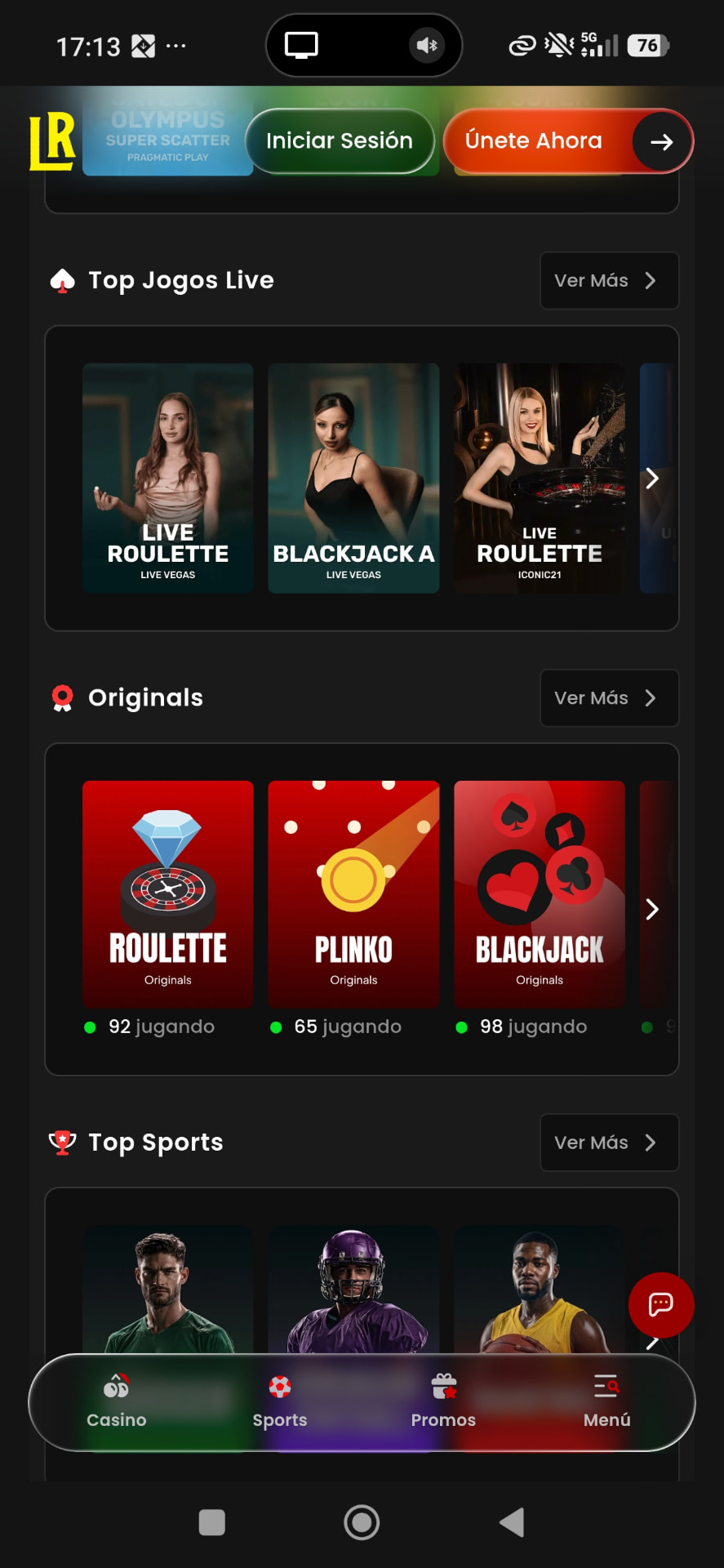 LuckyRollers lobby showing Top Live Games, Originals and Top Sports sections on mobile